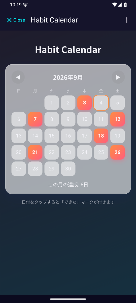 A habit calendar app opened from the Home Screen, with marked days