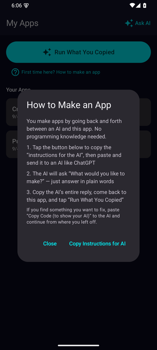 The "How to make an app" guide in dHP, showing the three steps: ask an AI, copy, paste