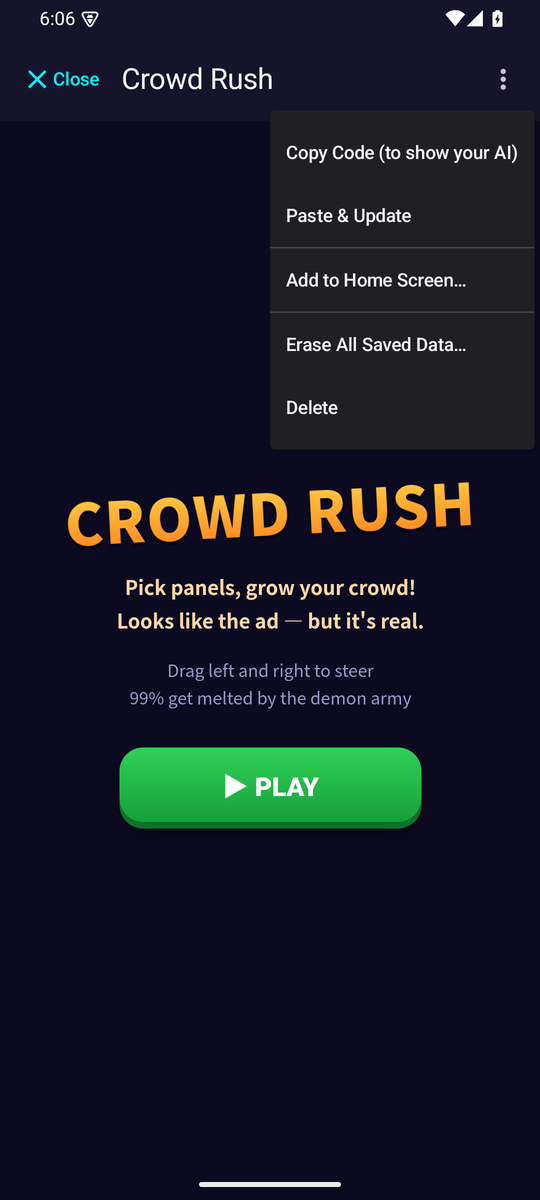 The app menu with "Copy Code (to show your AI)", "Paste & Update" and "Add to Home Screen"