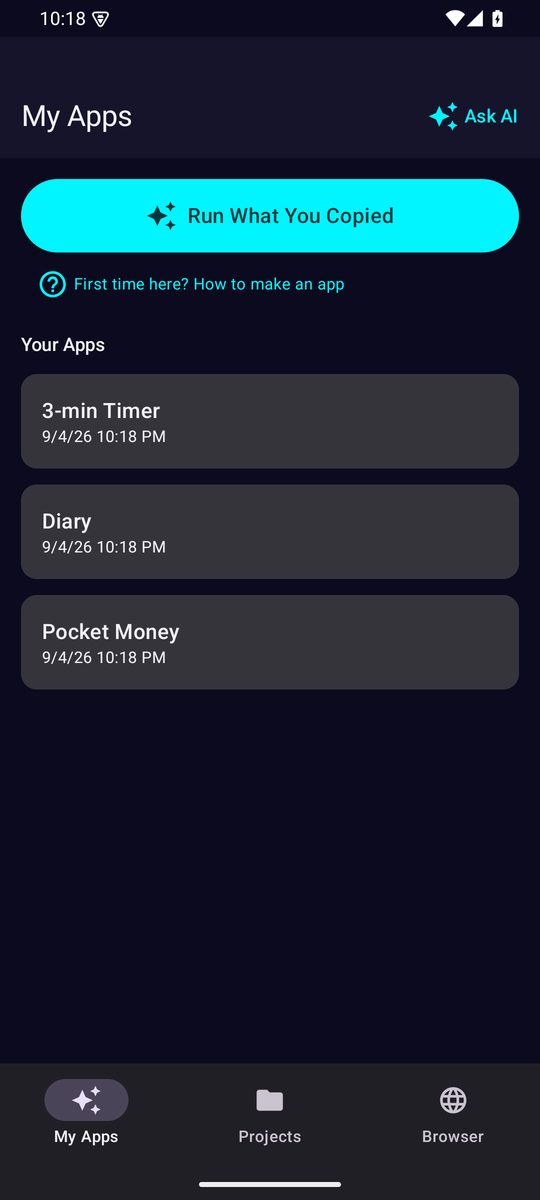 The My Apps screen in dHP, listing a 3-minute timer, a diary and an allowance tracker as your own apps